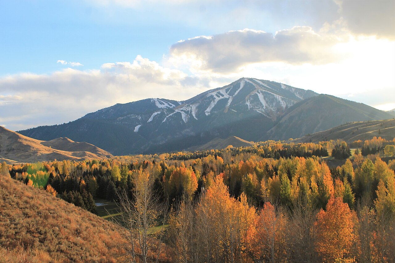 A broad mountain with ski runs cut through its forest, above a valley of orange and gold autumn trees.