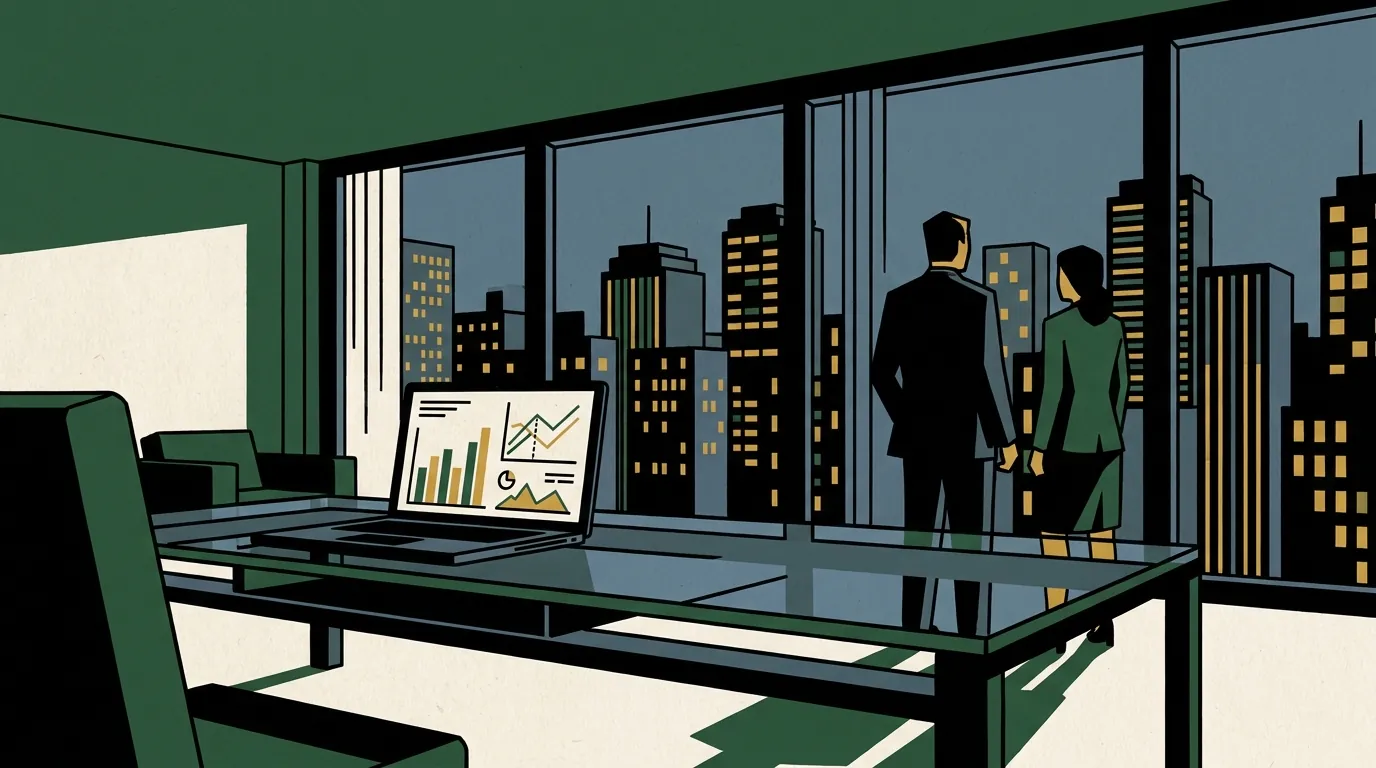 A corporate treasury office displaying financial charts of interest rate swaps on a laptop screen against an urban skyline.