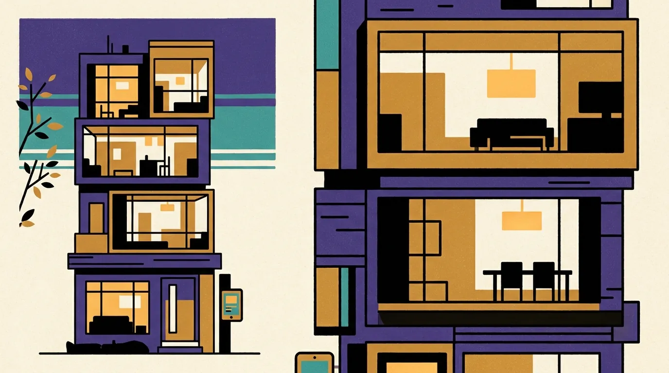 A modern multi-story apartment building in Tokyo at dusk with warm interior lights and a digital entry terminal.