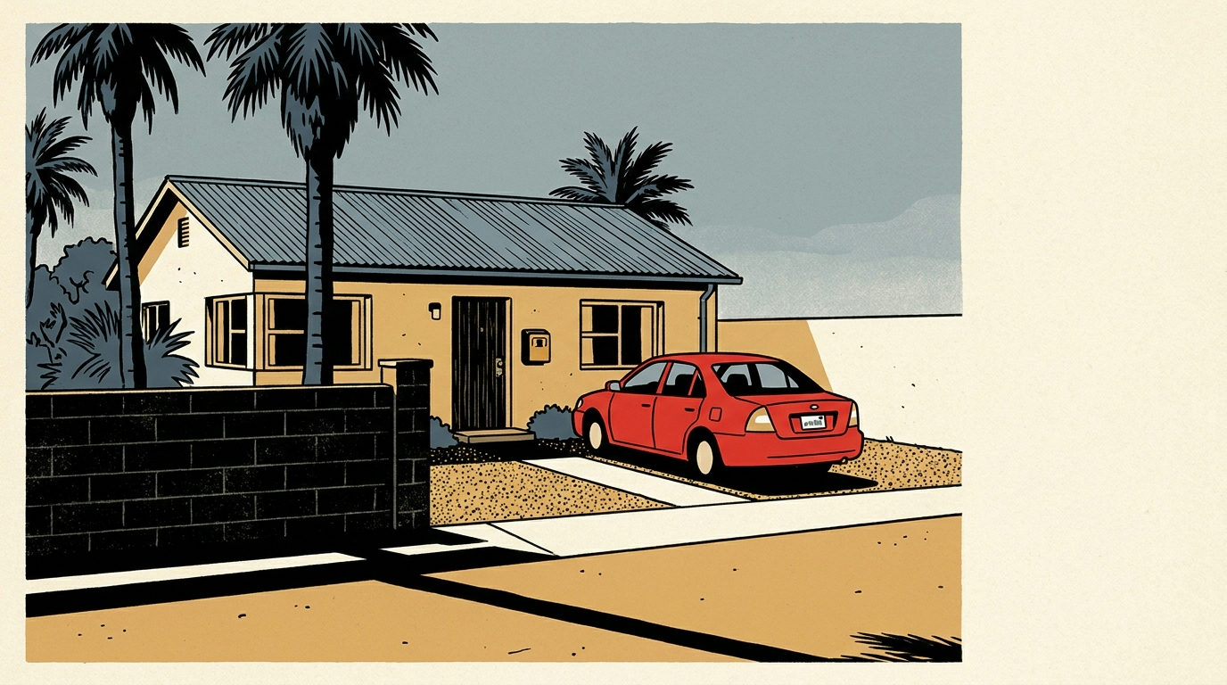 A coastal Florida bungalow with a key lockbox on the front door and a car parked in the driveway under afternoon shadows.