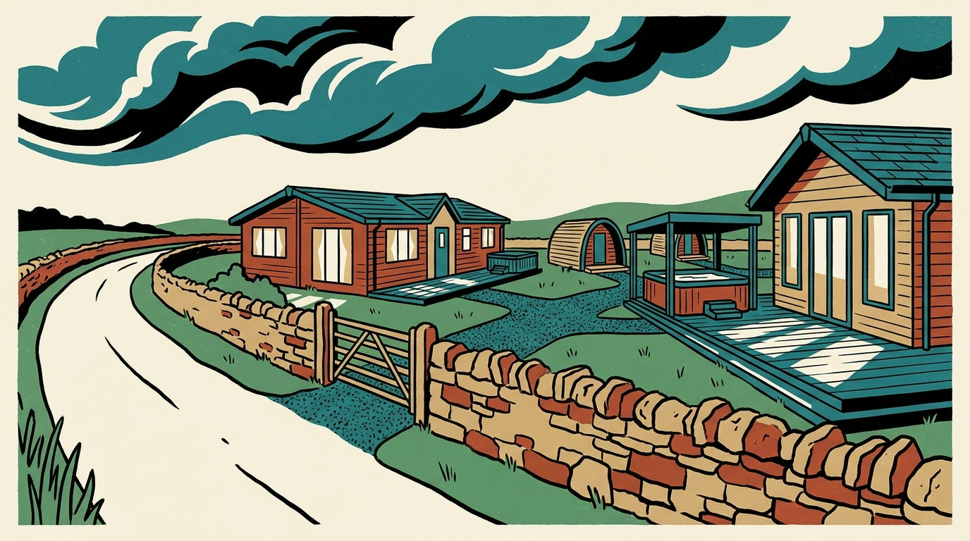 Timber self-catering lodges and pods spaced across damp lawn grounds under an overcast Scottish sky.