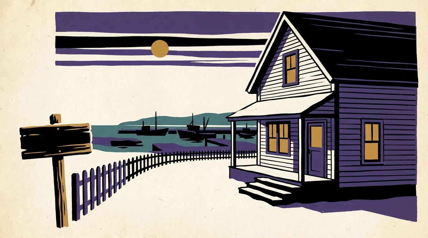 A two-story coastal clapboard home in Atlantic Canada at dusk with soft light in the windows and a snow-dusted lawn.