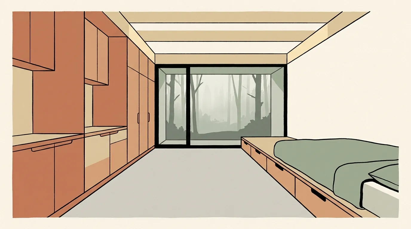 A minimalist architectural studio interior featuring light birch plywood walls, a built-in platform bed, and a continuous wall of seamless cabinetry.