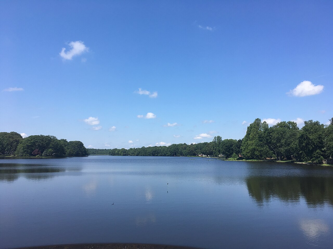A calm blue lake ringed by dense green trees under a clear sky with a few small clouds.