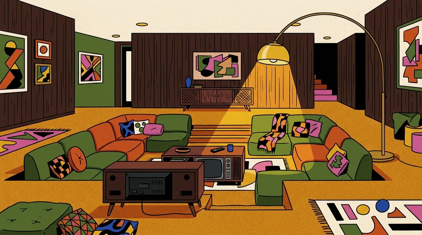 A short-term rental living room with a sunken conversation pit, dark wood paneling, avocado green sofa, and retro late-1970s decor lit by amber lamplight.