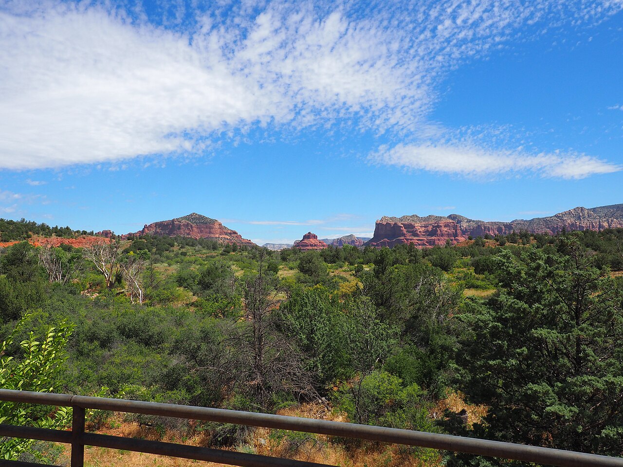 A wide green valley of low trees stretches to a line of red rock mesas under a blue sky with thin cloud.