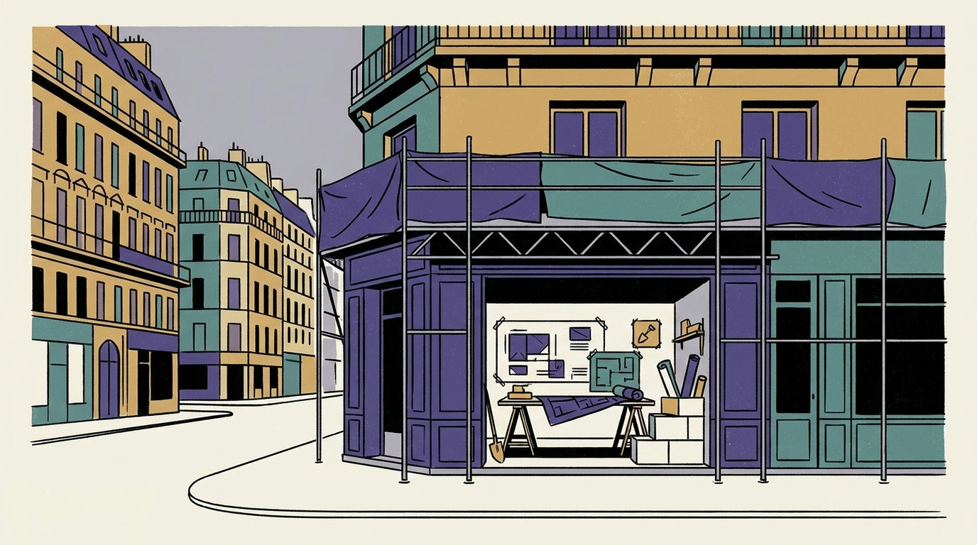 A Parisian street showing a ground-floor commercial storefront undergoing renovation behind glass windows.