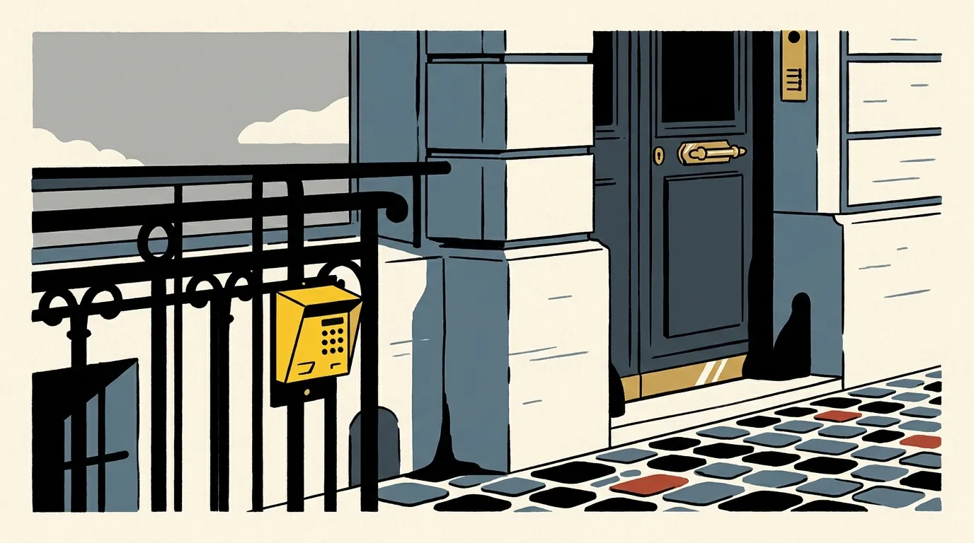 A digital lockbox attached to a wrought-iron window grate on a classic Parisian building facade.