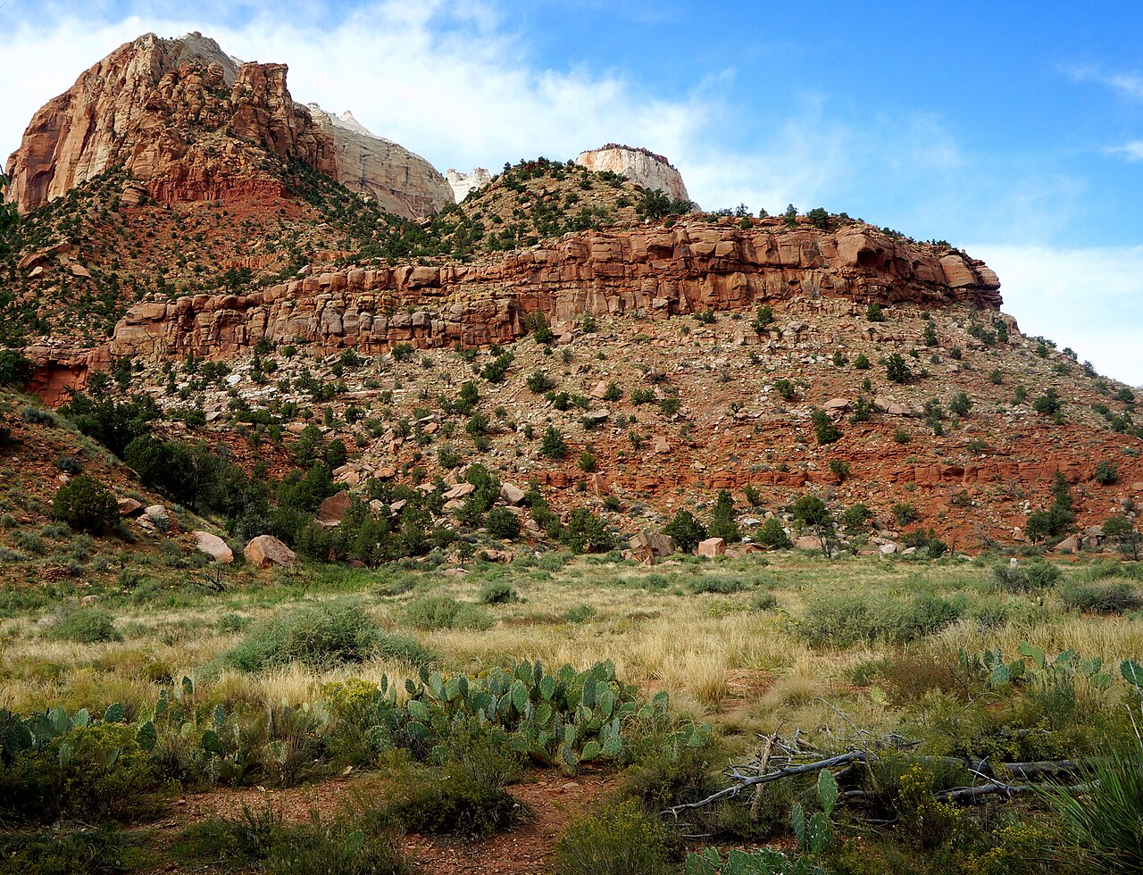 A layered red and cream sandstone mountain rises above a slope of green scrub and cactus under a partly cloudy sky.