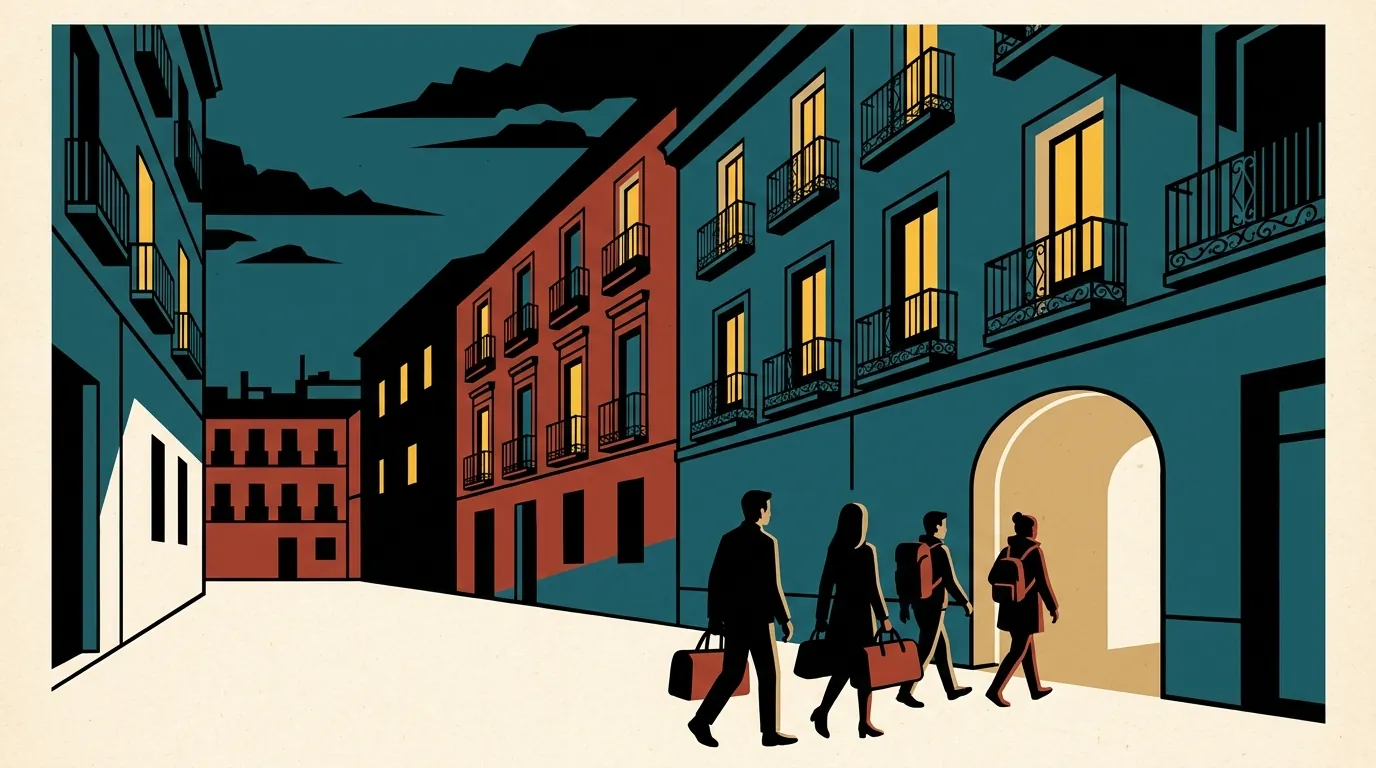 A dusk view of a classic Madrid street with historic apartment buildings lit from within, as travelers with suitcases walk toward an entrance.