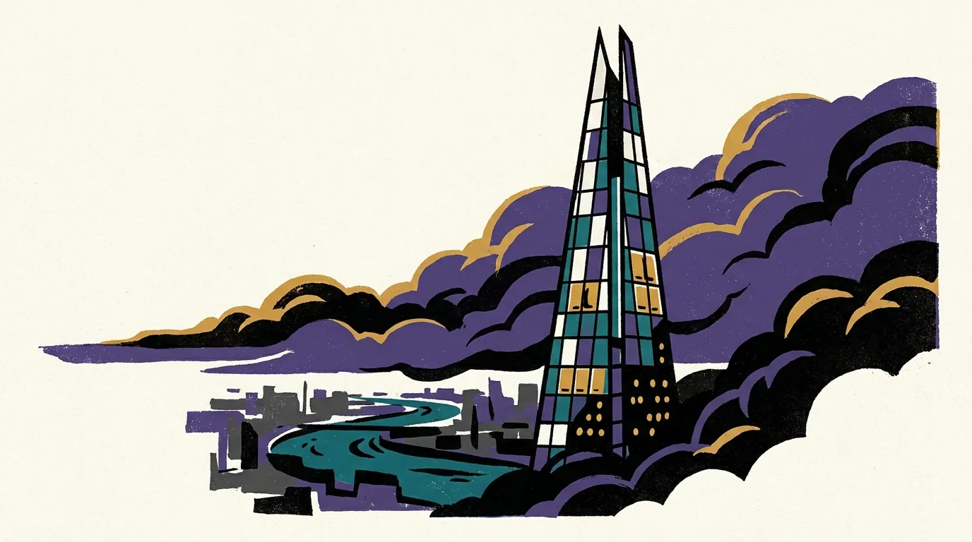 The upper glass panels of the Shard skyscraper rising through dark twilight mist, with a few high-level residential windows illuminated from within.