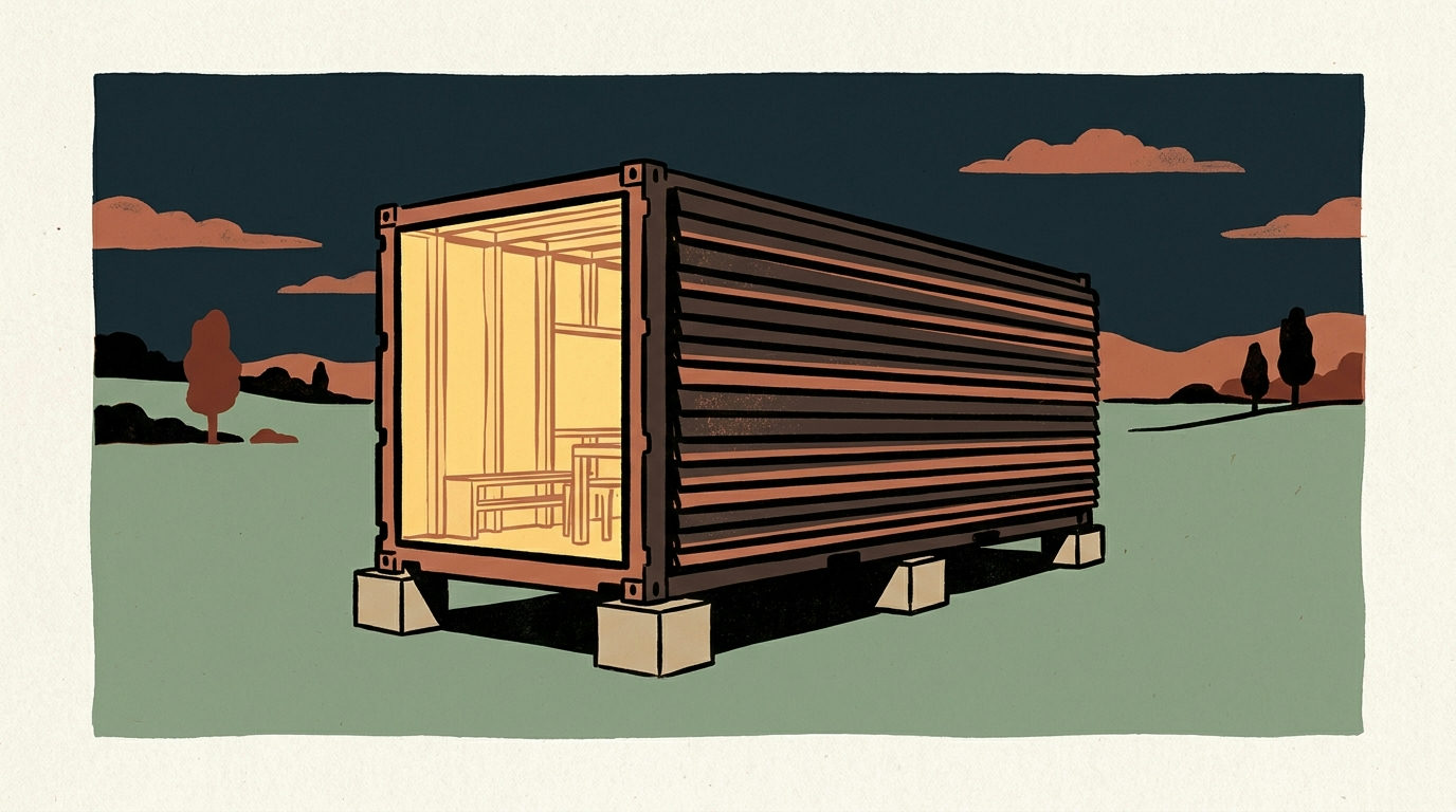 A modern shipping container cabin in a field at dusk with a full glass end wall lit from within.