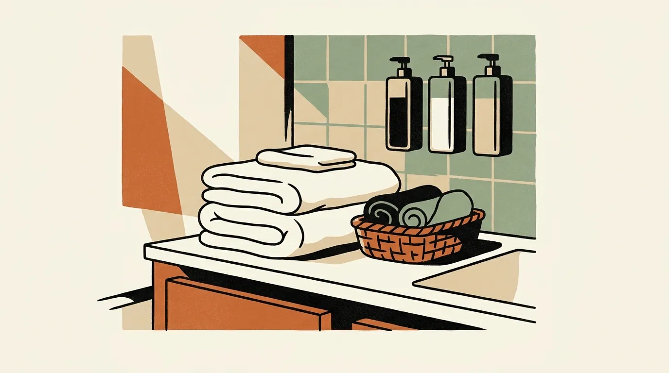 A close-up of a neatly arranged bathroom vanity with white towels, grey makeup cloths, and wall-mounted stainless steel soap dispensers in the background.