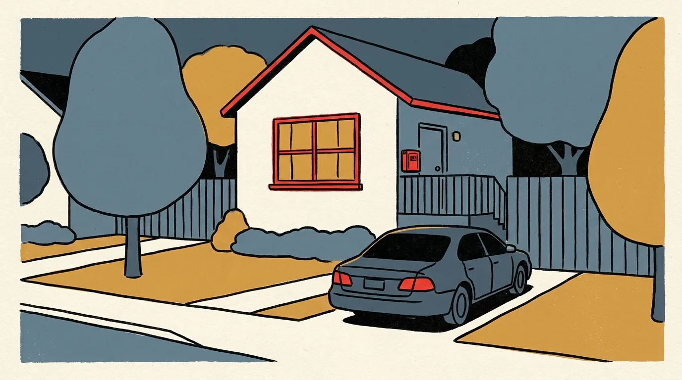 A quiet suburban home at dusk with warm light in the windows and a simple key lockbox on the side railing.