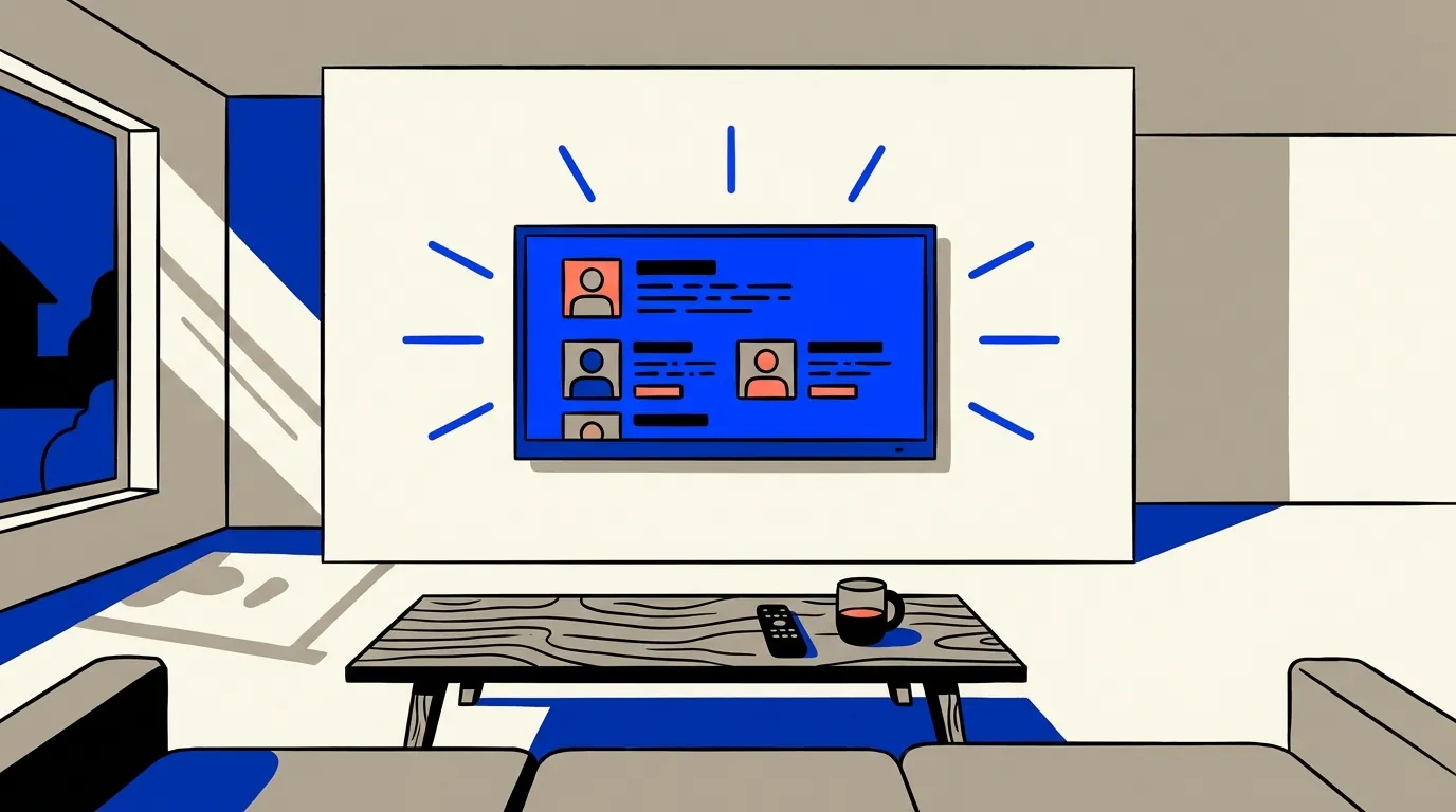 A large smart TV glows in an empty vacation rental living room, displaying active user profiles and streaming accounts left behind by previous guests.