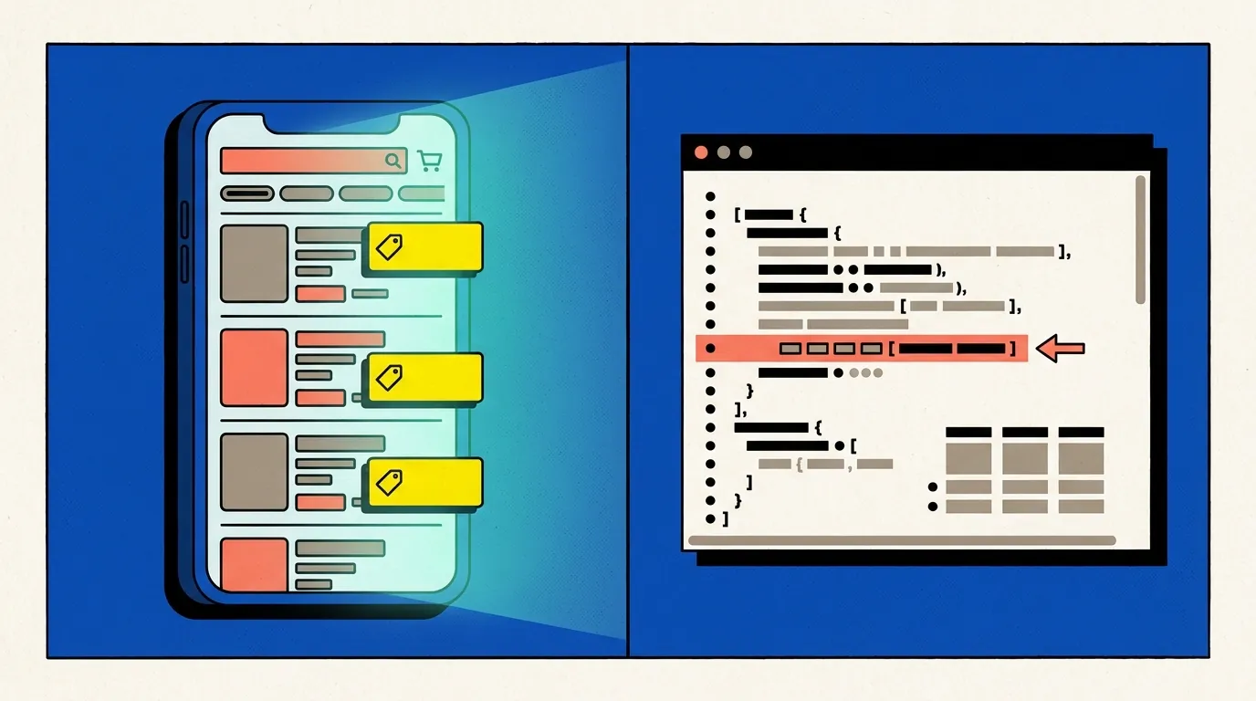 A split-screen showing a crowded mobile search screen with sponsored tags on one side and a clean command-line interface parsing direct booking data on the other.