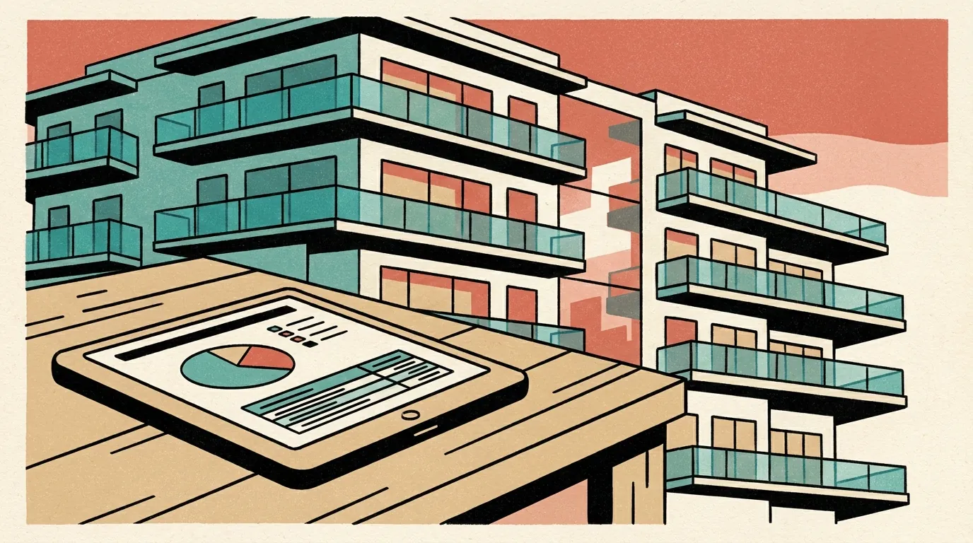 A minimalist financial dashboard on a tablet resting on a desk in front of a modern multi-story resort building at sunset.