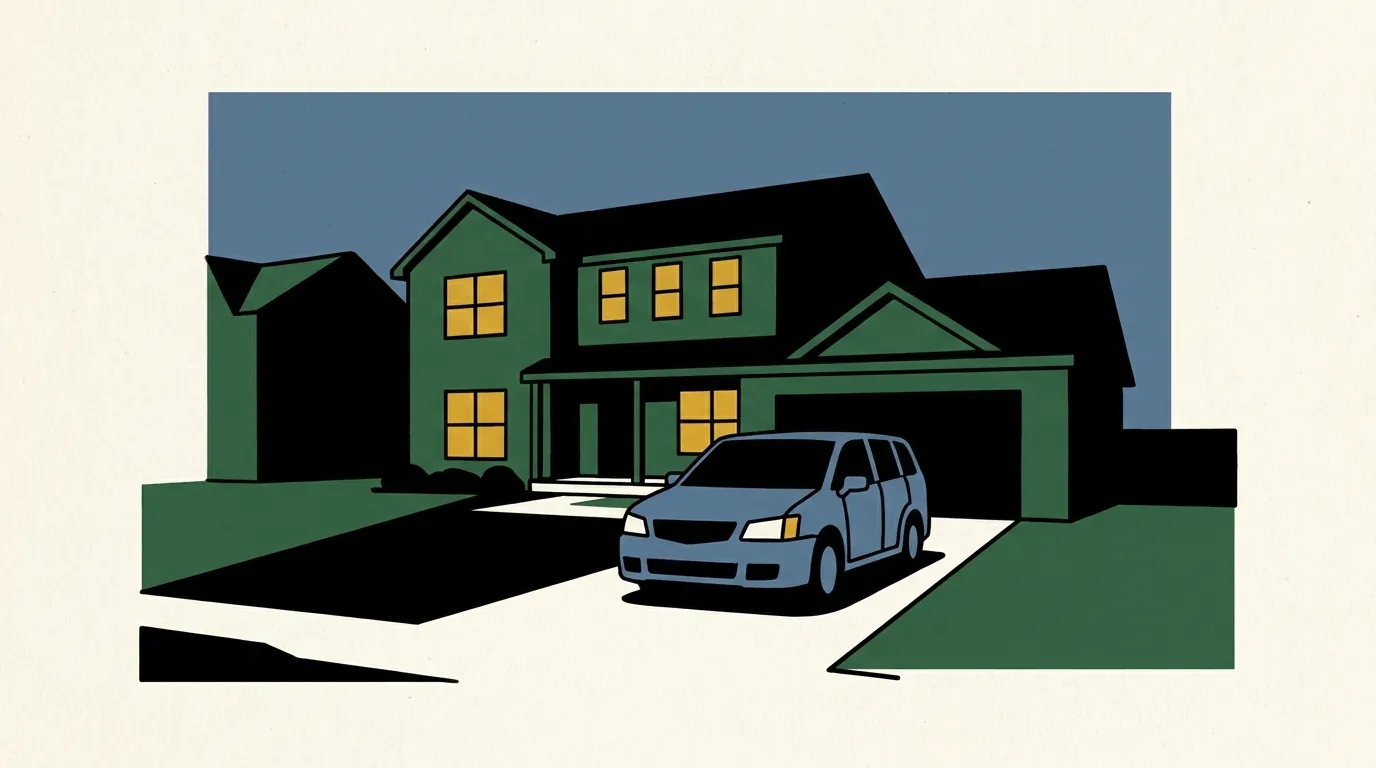 A suburban house at dusk with warm interior lights and a car in the driveway under a cool blue sky.