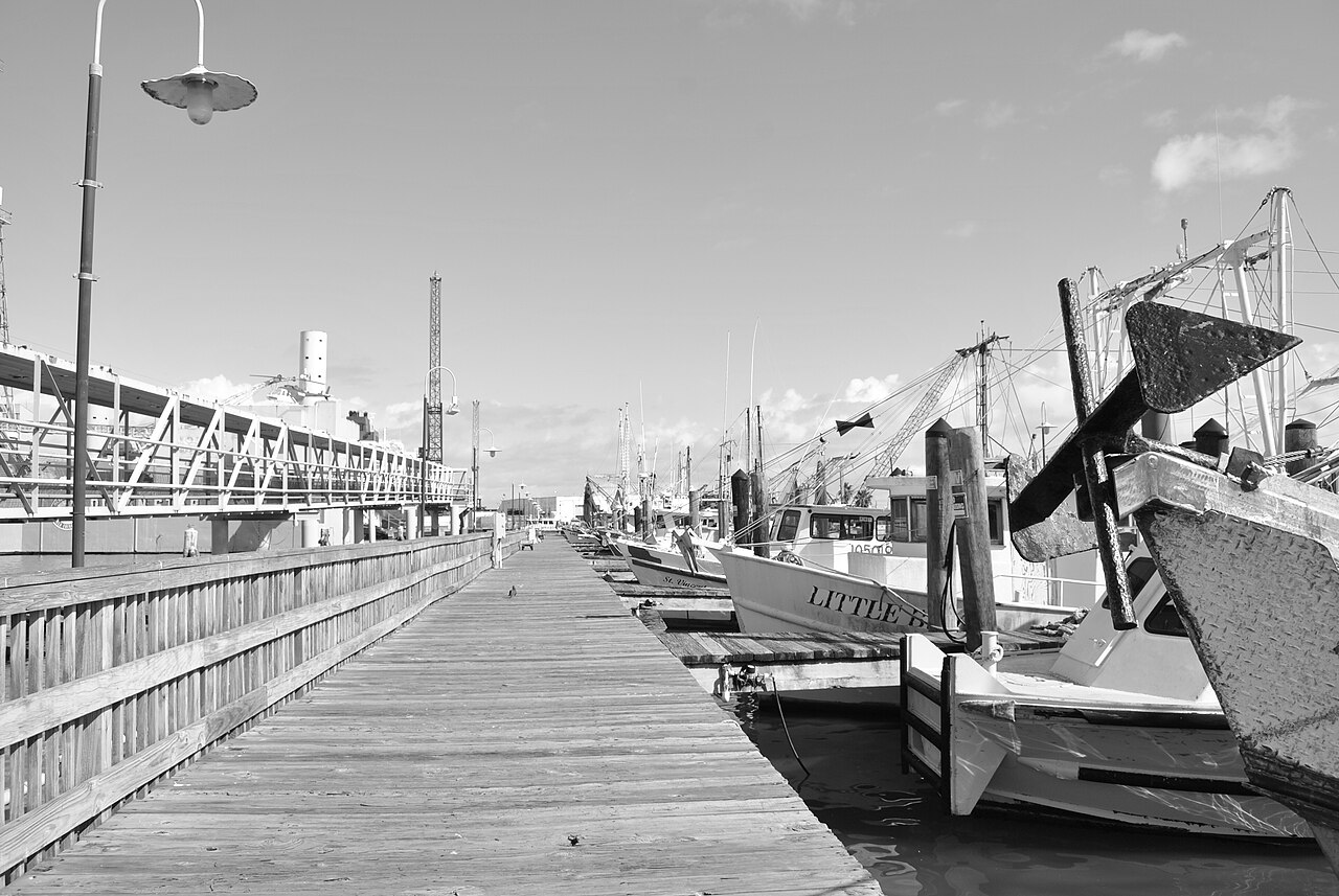 A wooden boardwalk running beside moored fishing boats, in black and white.