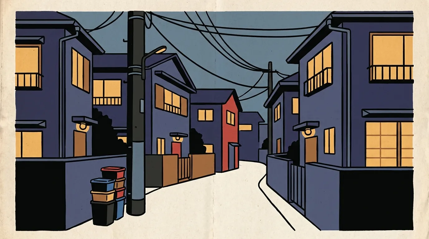 A narrow residential street in Tokyo at dusk lined with quiet modern homes and municipal waste sorting bins under utility wires.