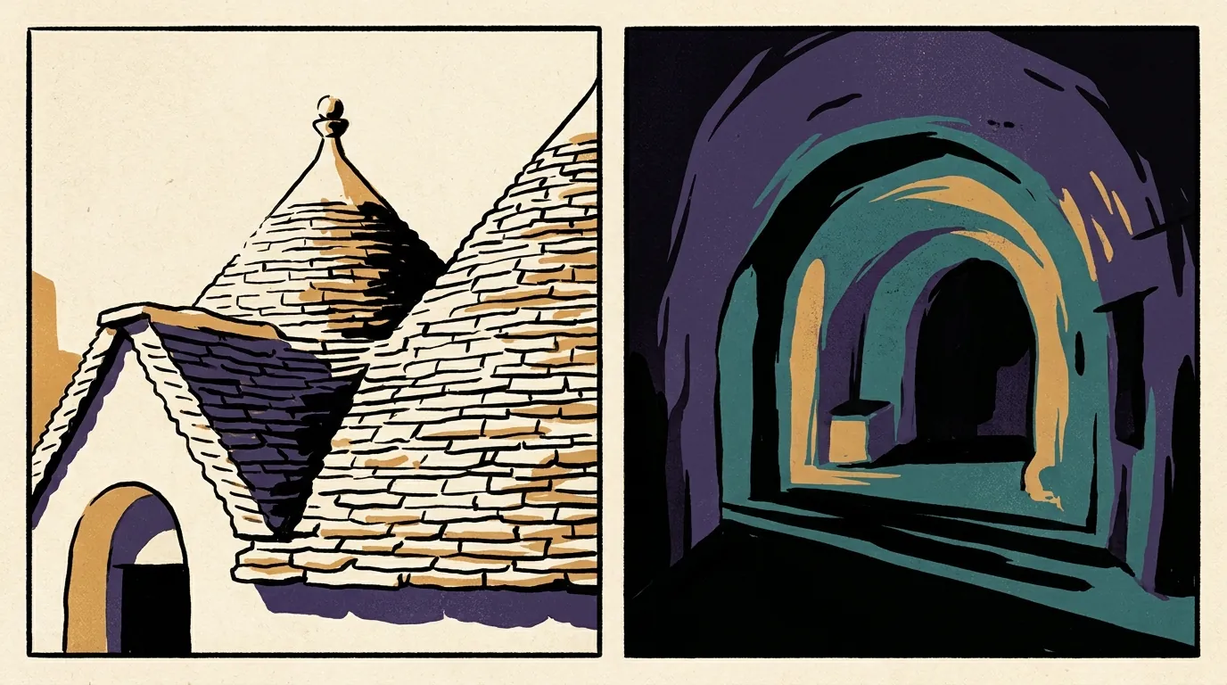 A detailed drawing showing the textured limestone slabs of a trullo cone next to the cool, hollowed-out stone interior of an ancient cave dwelling.
