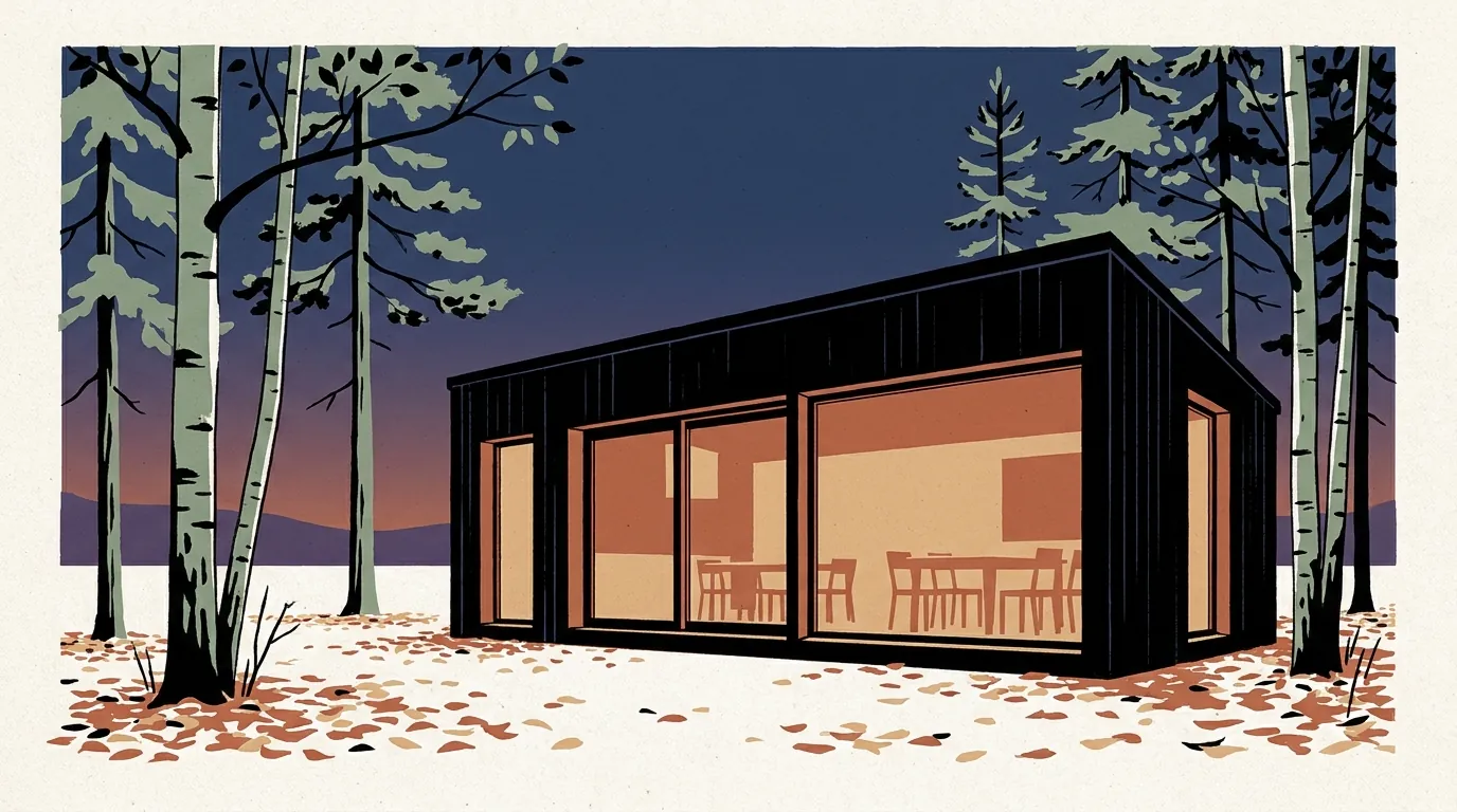 A minimalist black timber cabin with glowing windows stands in a sparse forest of birch trees during a crisp autumn twilight in upstate New York.