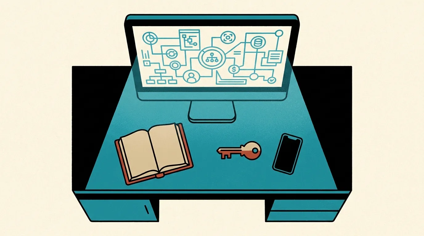 A computer screen displaying a glowing digital network map next to a traditional brass key and a ledger book on a dark office desk.