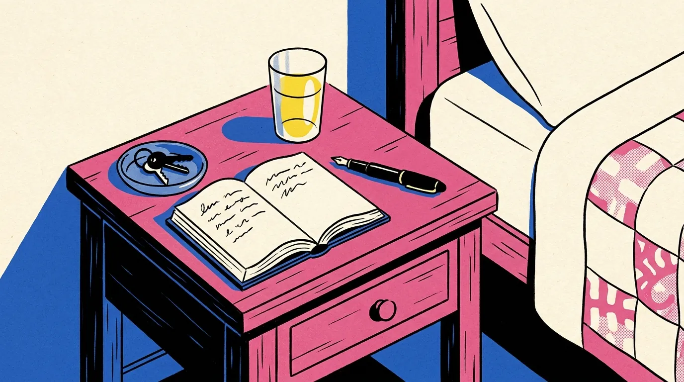 A wooden bedside table with an open handwritten guestbook, fountain pen, keys, and water glass beside an unmade bed in soft daylight.
