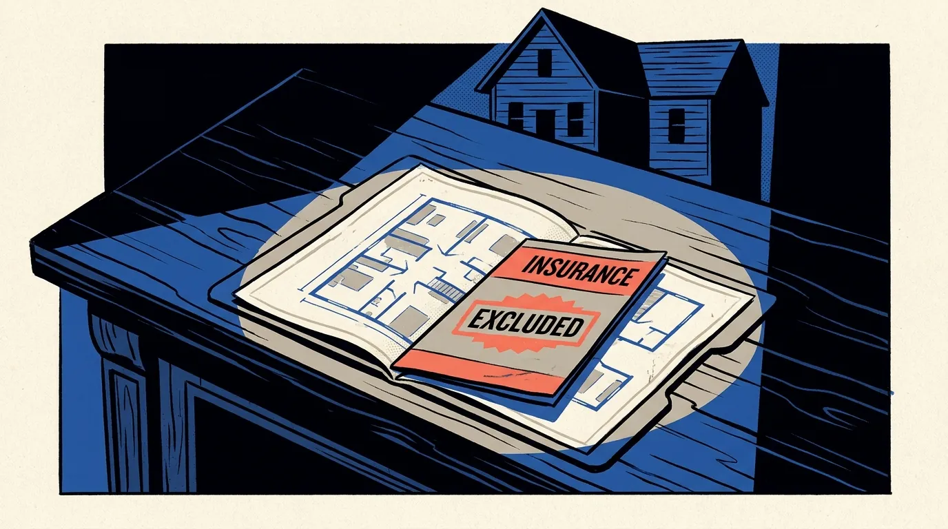 A close-up of a courtroom desk under a harsh light, featuring legal documents, a floor plan, and an insurance folder stamped with the word Excluded.