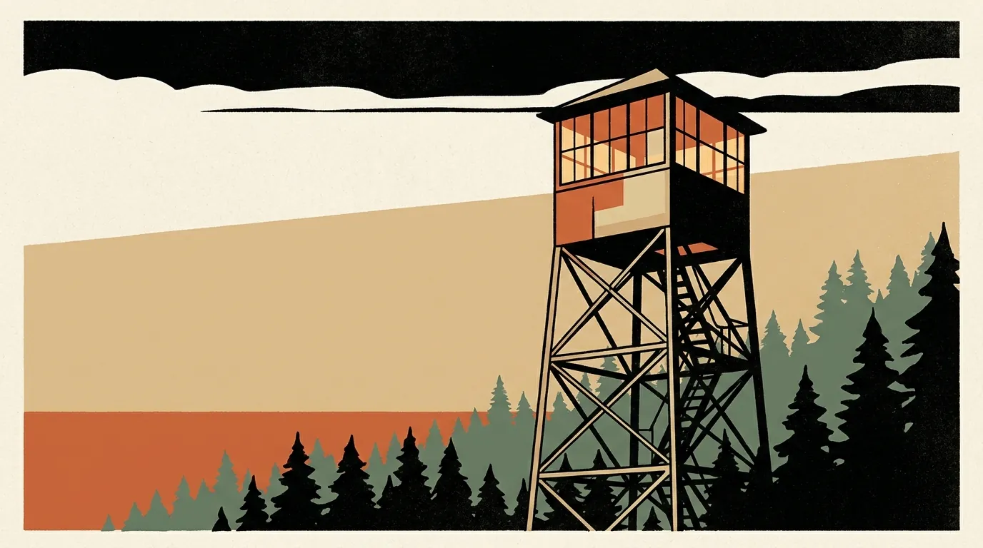 A historic metal fire tower with a glowing glass cab stands high above a dark pine forest at sunset.