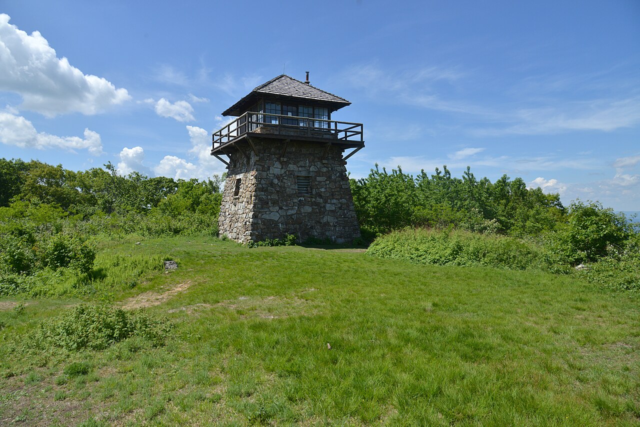 A squat stone tower with a railed wooden lookout platform standing in a grassy clearing under a blue sky.