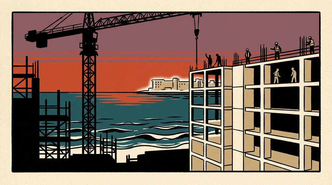 A modern hotel construction site on a coastal island in the Gulf during sunset, featuring scaffolding, cranes, and a concrete resort frame against an orange sky.